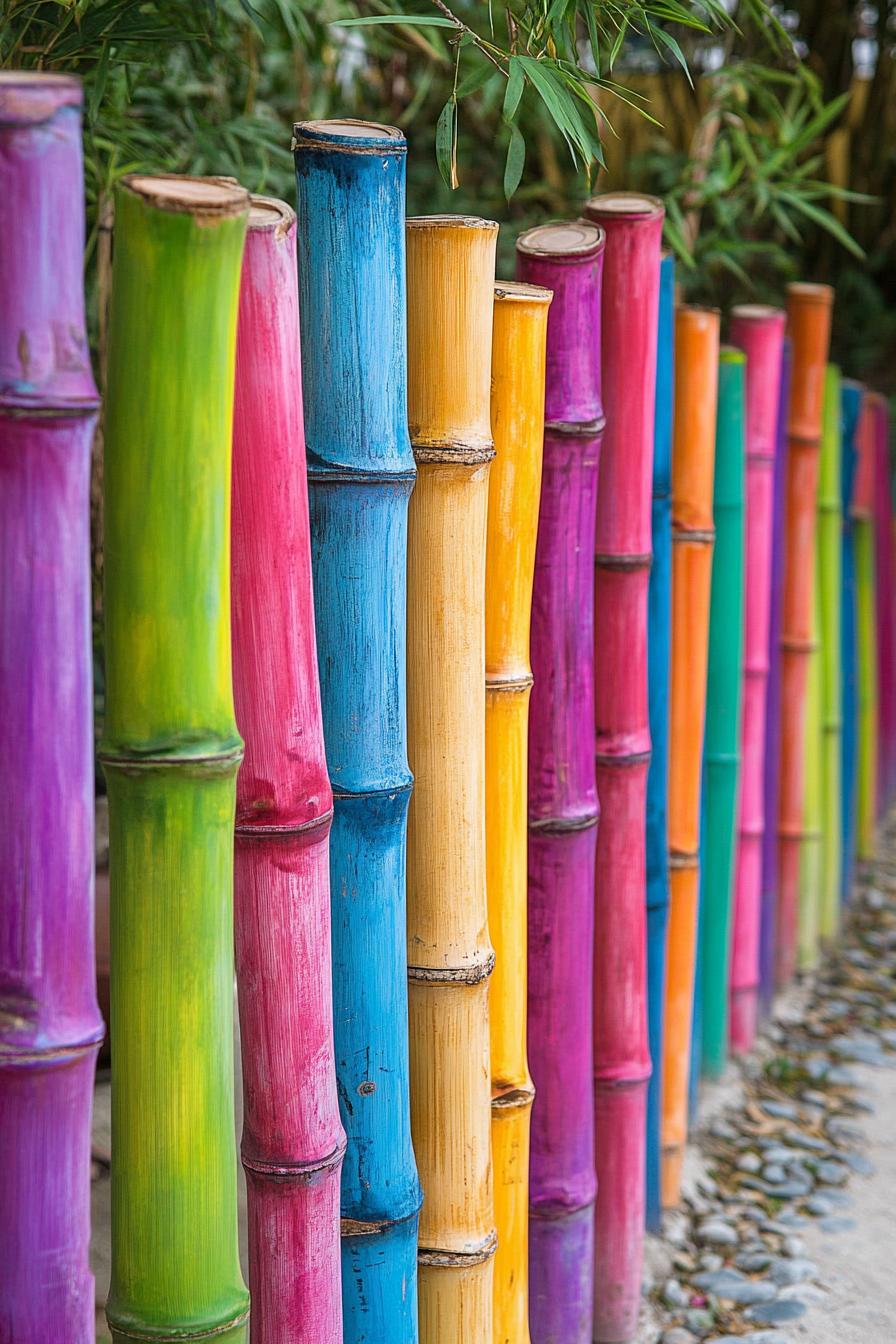 backyard bamboo fence with each bamboo pole painted in different vibrant color