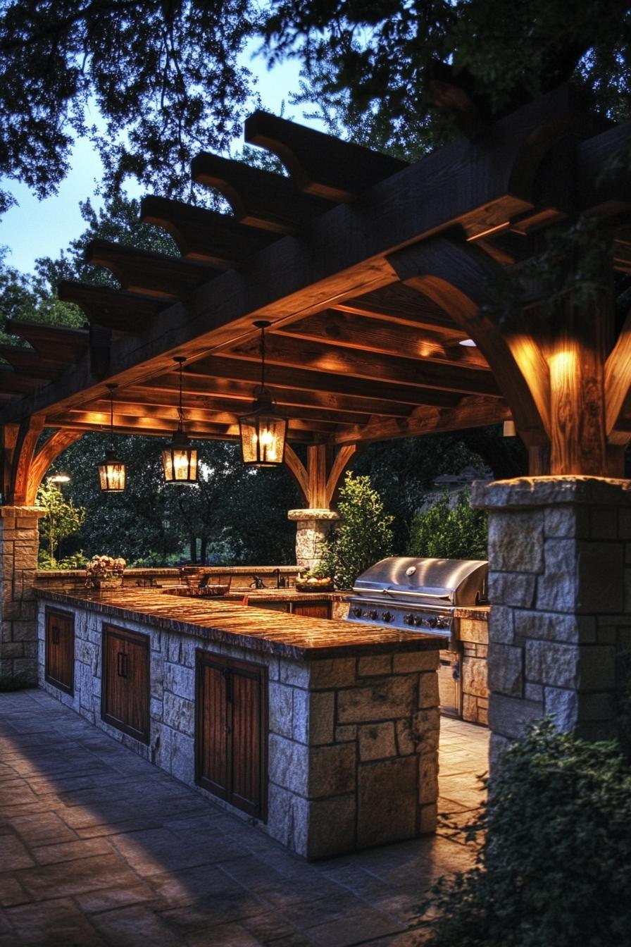 backyard bbq station with wooden pergola with lantern lamps countertops made of stone and wooden tops