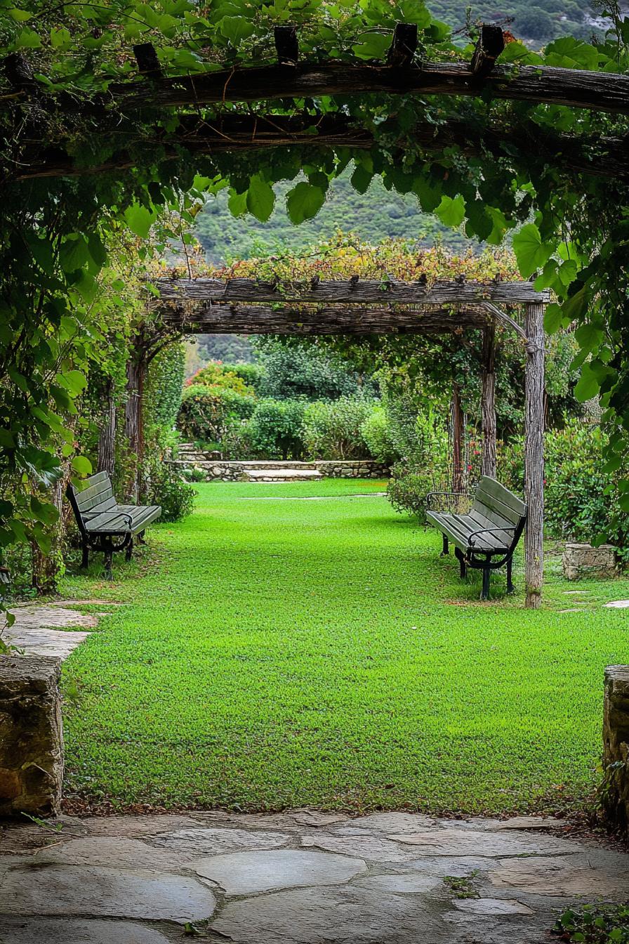 lush garden with green lawn rustic arbor overgrown with climbers and garden benches 1