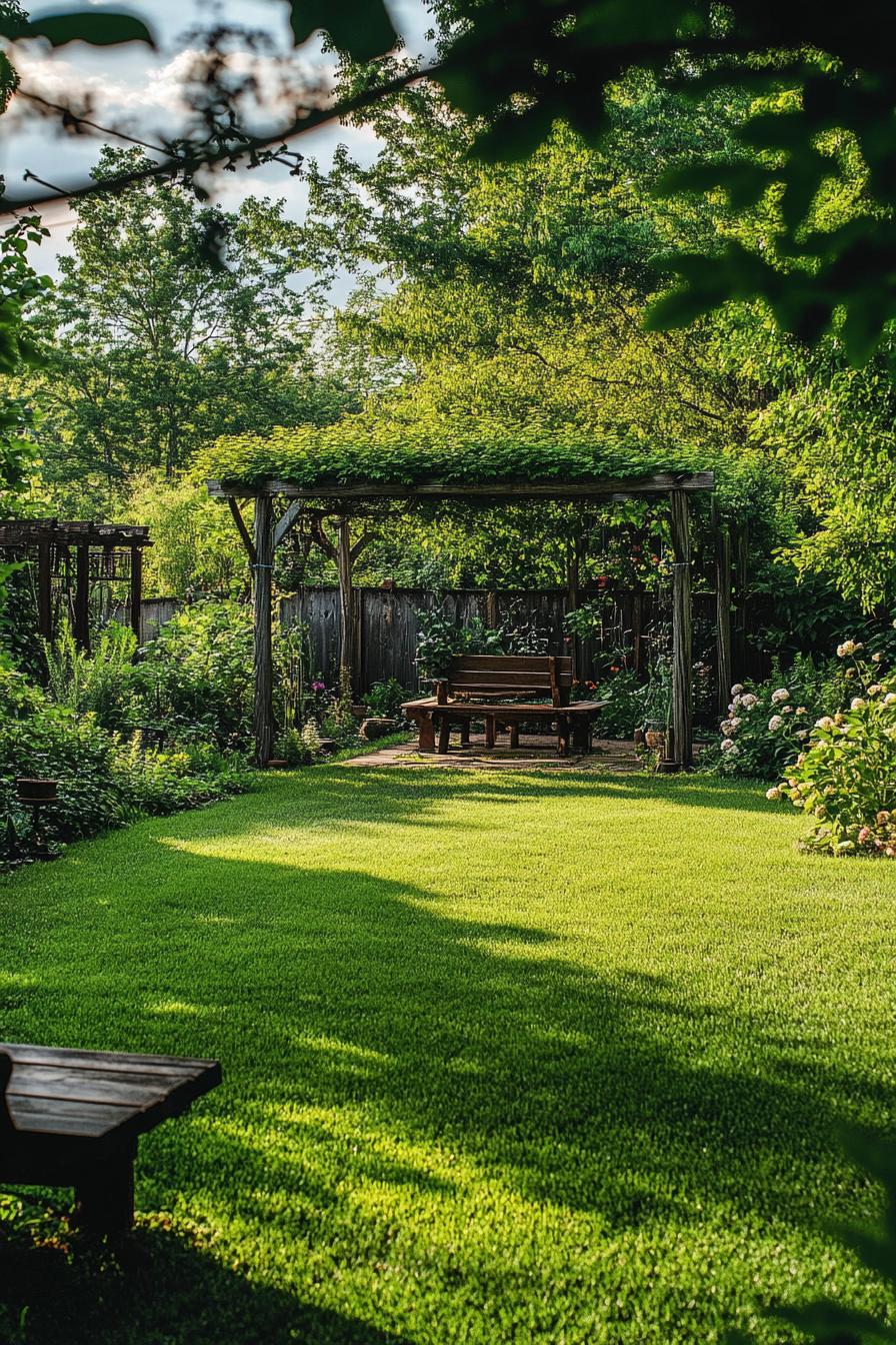 lush garden with green lawn rustic arbor overgrown with climbers and garden benches 2