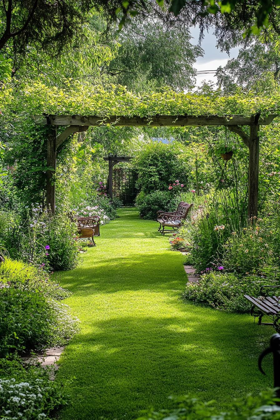 lush garden with green lawn rustic arbor overgrown with climbers and garden benches 3