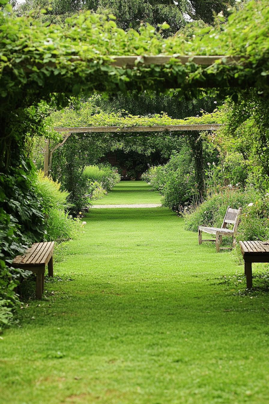 lush garden with green lawn rustic arbor overgrown with climbers and garden benches