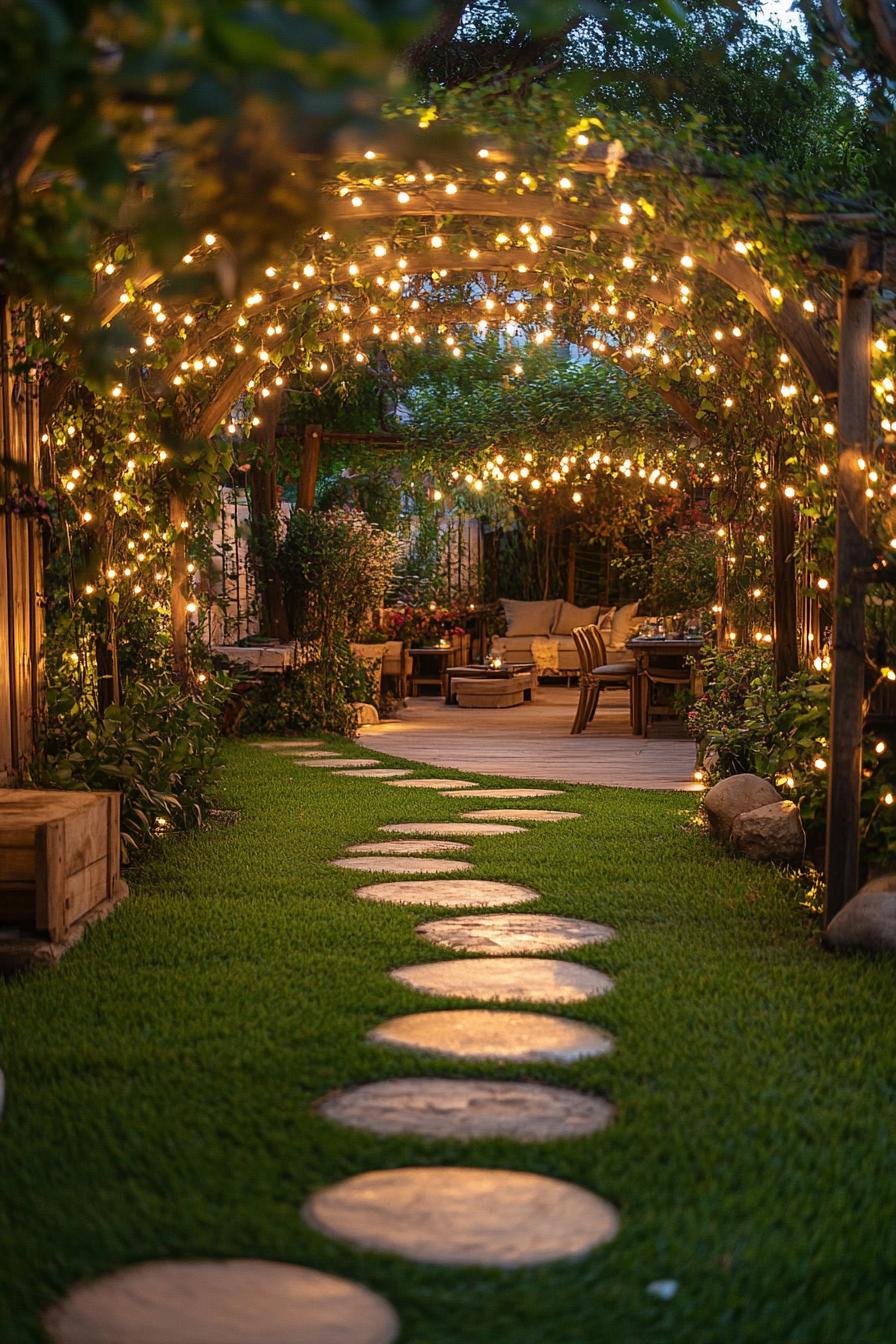 lush garden with vine arbor with fairy lights grass path with stepping stones wooden fence at the back 1