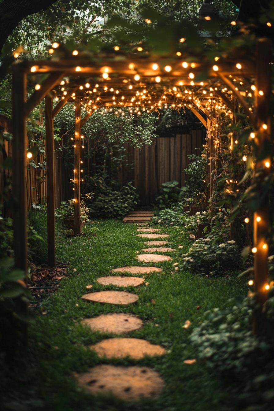 lush garden with vine arbor with fairy lights grass path with stepping stones wooden fence at the back