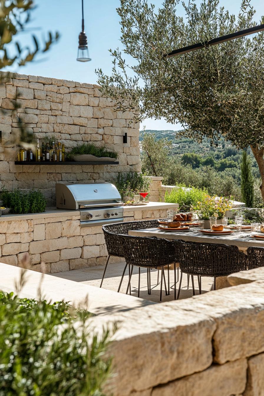 modern mediterranean backyard garden with stone walls outdoor kitchen olive trees 1