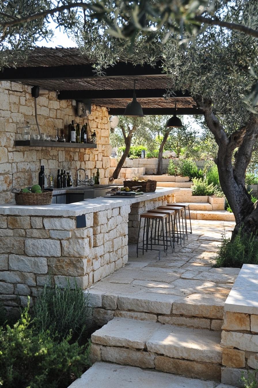 modern mediterranean backyard garden with stone walls outdoor kitchen olive trees 2