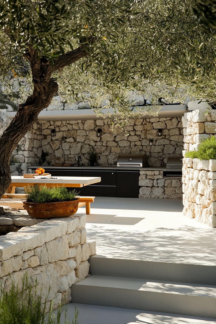 modern mediterranean backyard garden with stone walls outdoor kitchen olive trees 3