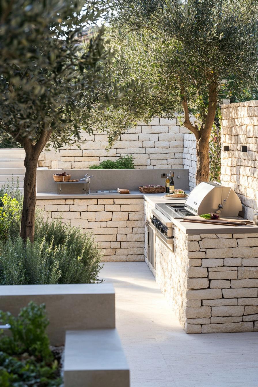 modern mediterranean backyard garden with stone walls outdoor kitchen olive trees