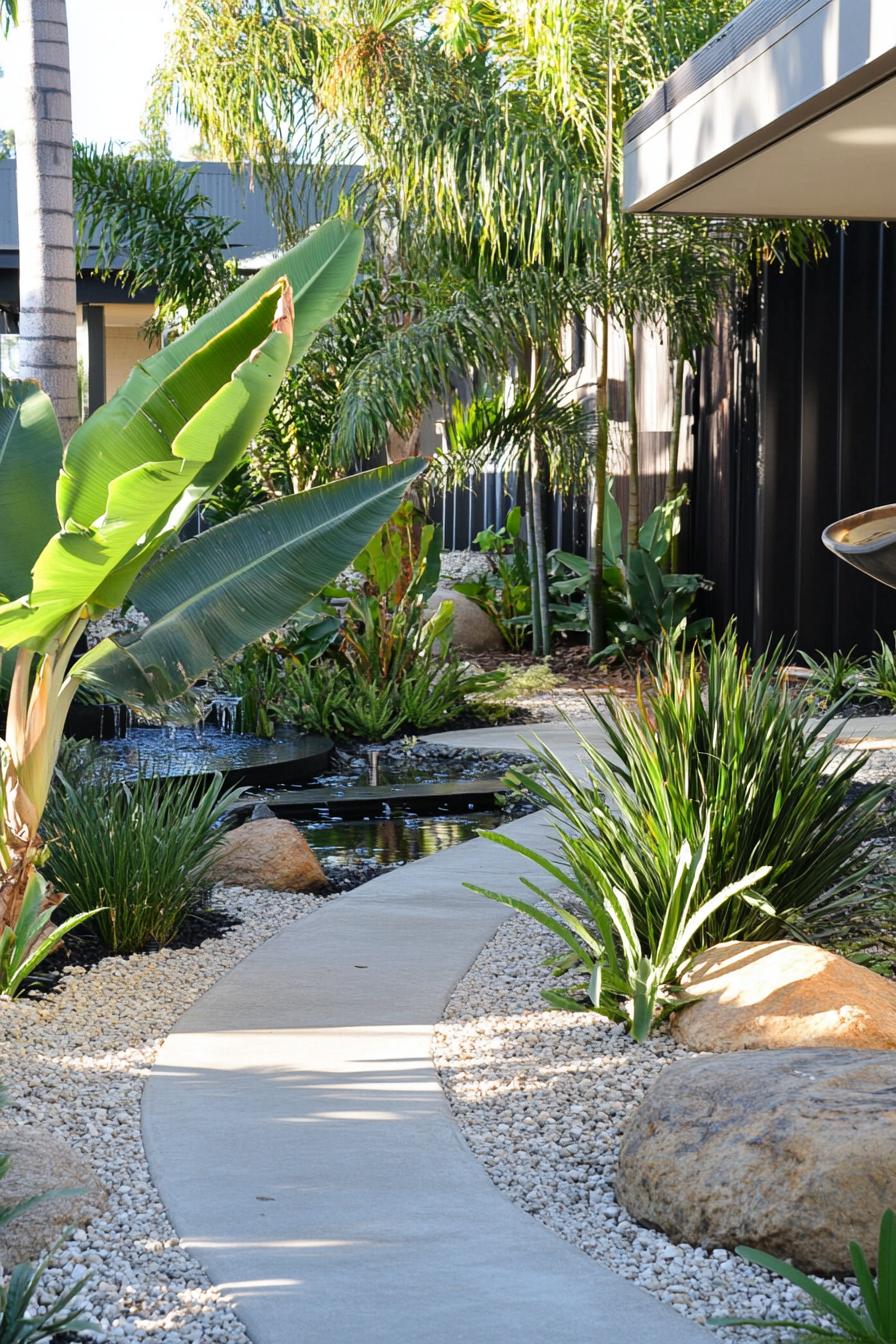 native australian garden with concrete path on gravel lush native ground cover plants banana plants palms rocks and a water feature 1