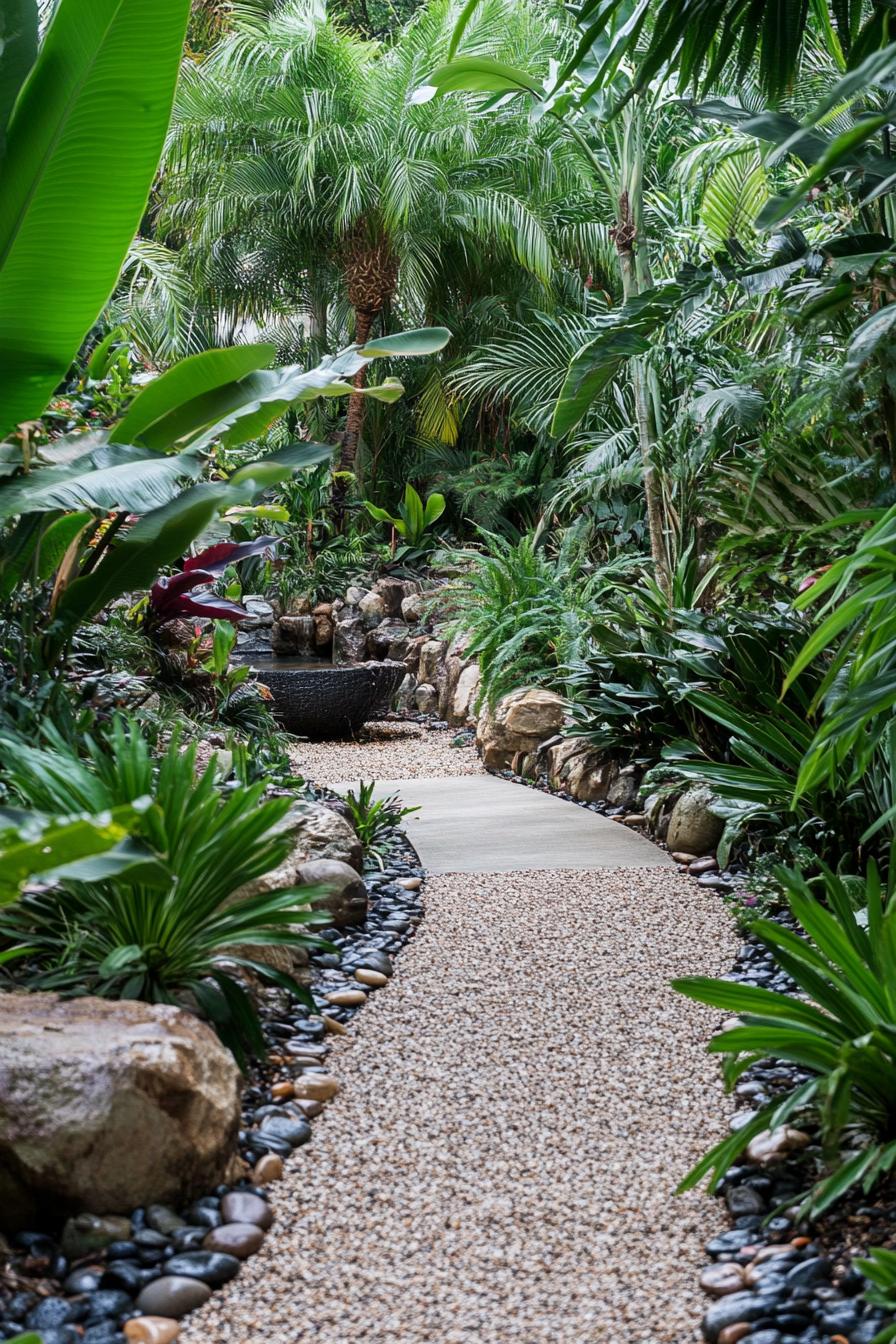 native australian garden with concrete path on gravel lush native ground cover plants banana plants palms rocks and a water feature 2