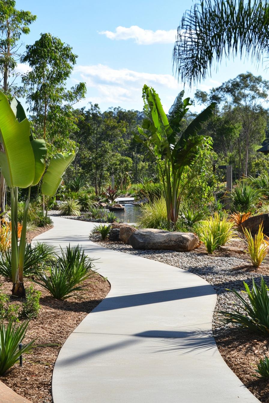 native australian garden with concrete path on gravel lush native ground cover plants banana plants palms rocks and a water feature 3