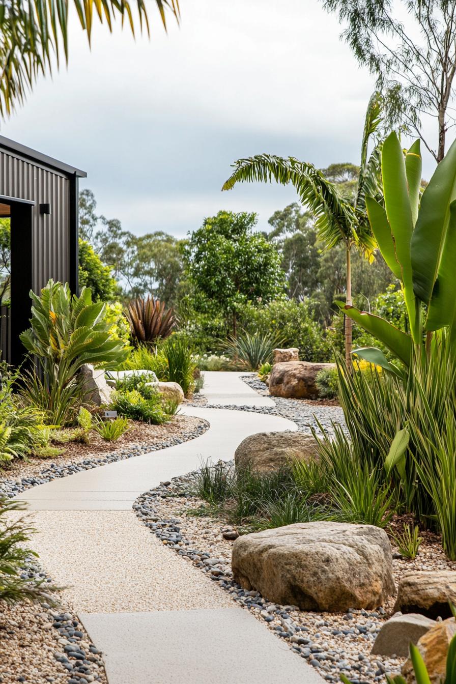 native australian garden with concrete path on gravel lush native ground cover plants banana plants palms rocks and a water feature