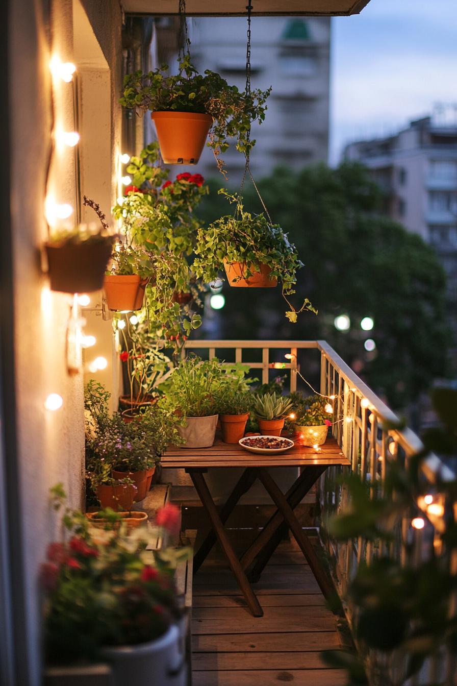 tiny balcony garden with planters hanging plantersm string lights outdoor bench small table evening scene overlooking cityscape 1