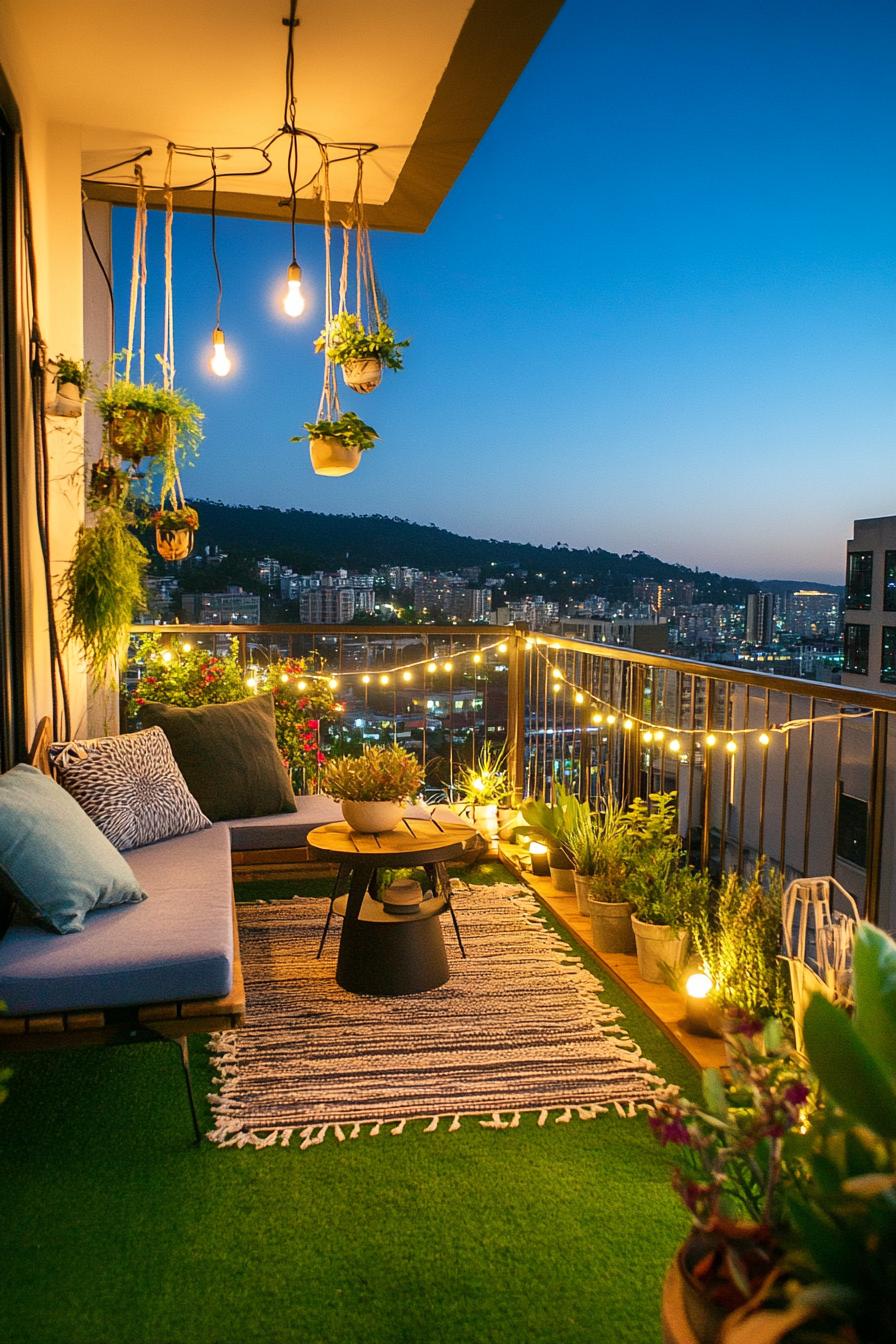 tiny balcony garden with planters hanging plantersm string lights outdoor bench small table evening scene overlooking cityscape 2