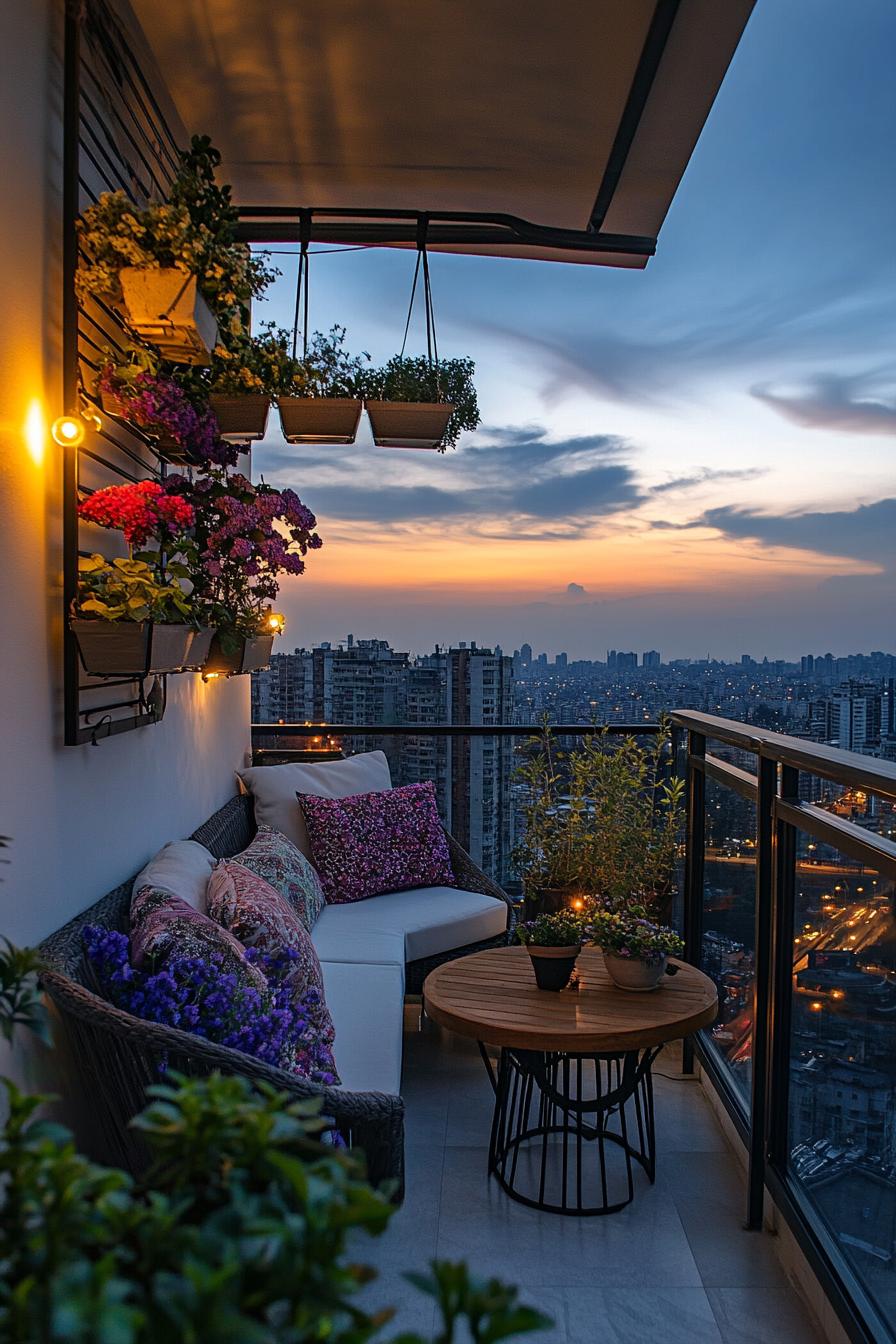 tiny balcony garden with planters hanging plantersm string lights outdoor bench small table evening scene overlooking cityscape 3