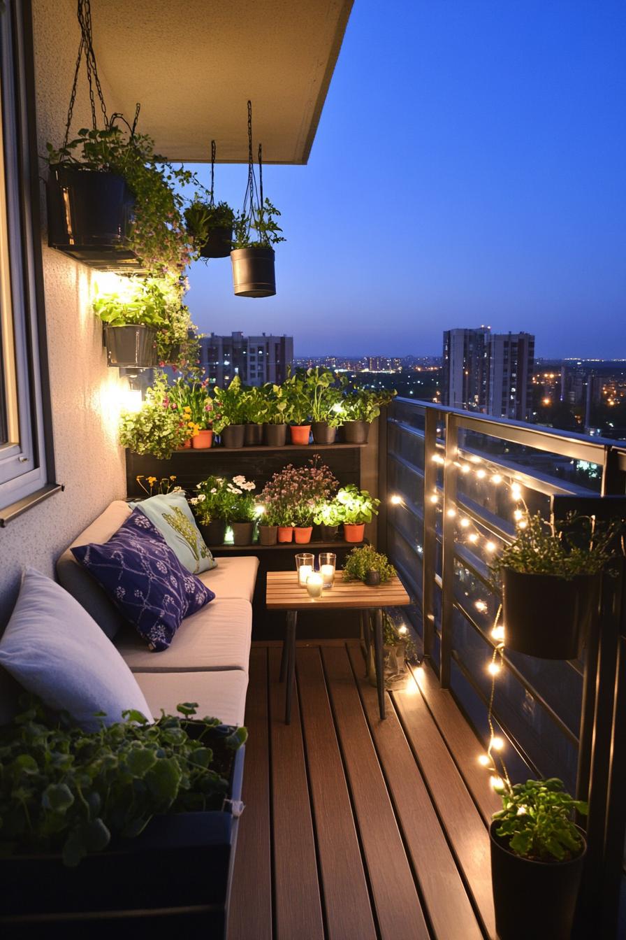 tiny balcony garden with planters hanging plantersm string lights outdoor bench small table evening scene overlooking cityscape