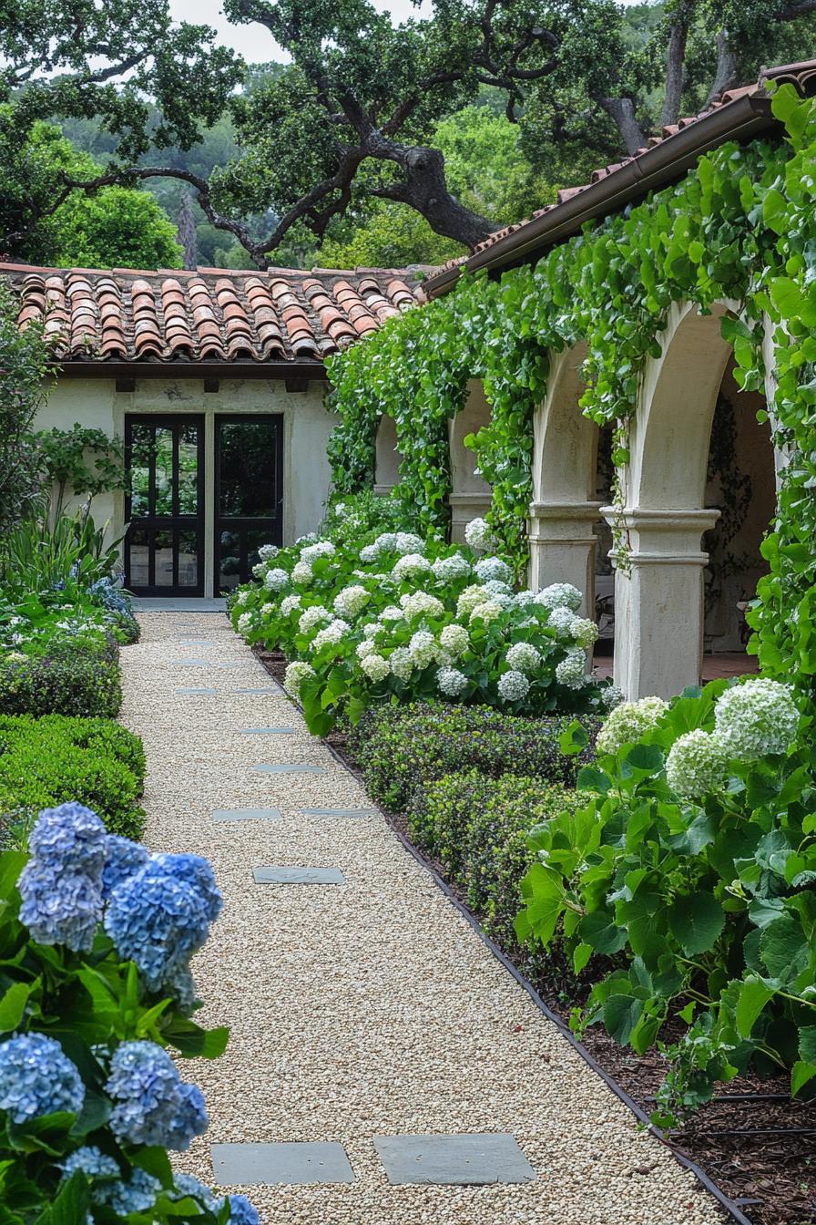 French cottage yard garden with arches geometric shrubs hydrangeas barrel shingles v 6.1