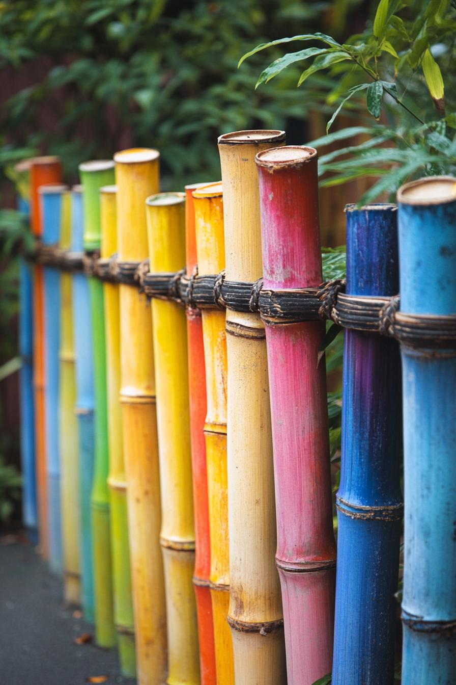 backyard bamboo fence with each bamboo stick painted in different vibrant color