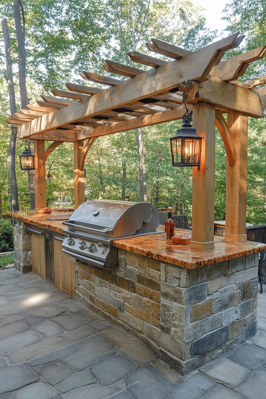 backyard bbq station with wooden pergola with lantern lamps countertops made of stone and wooden tops v 6.1