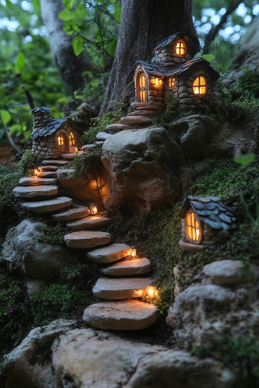 garden with trees and stepping stone stairs with fairy garden tiny houses with LED lighting