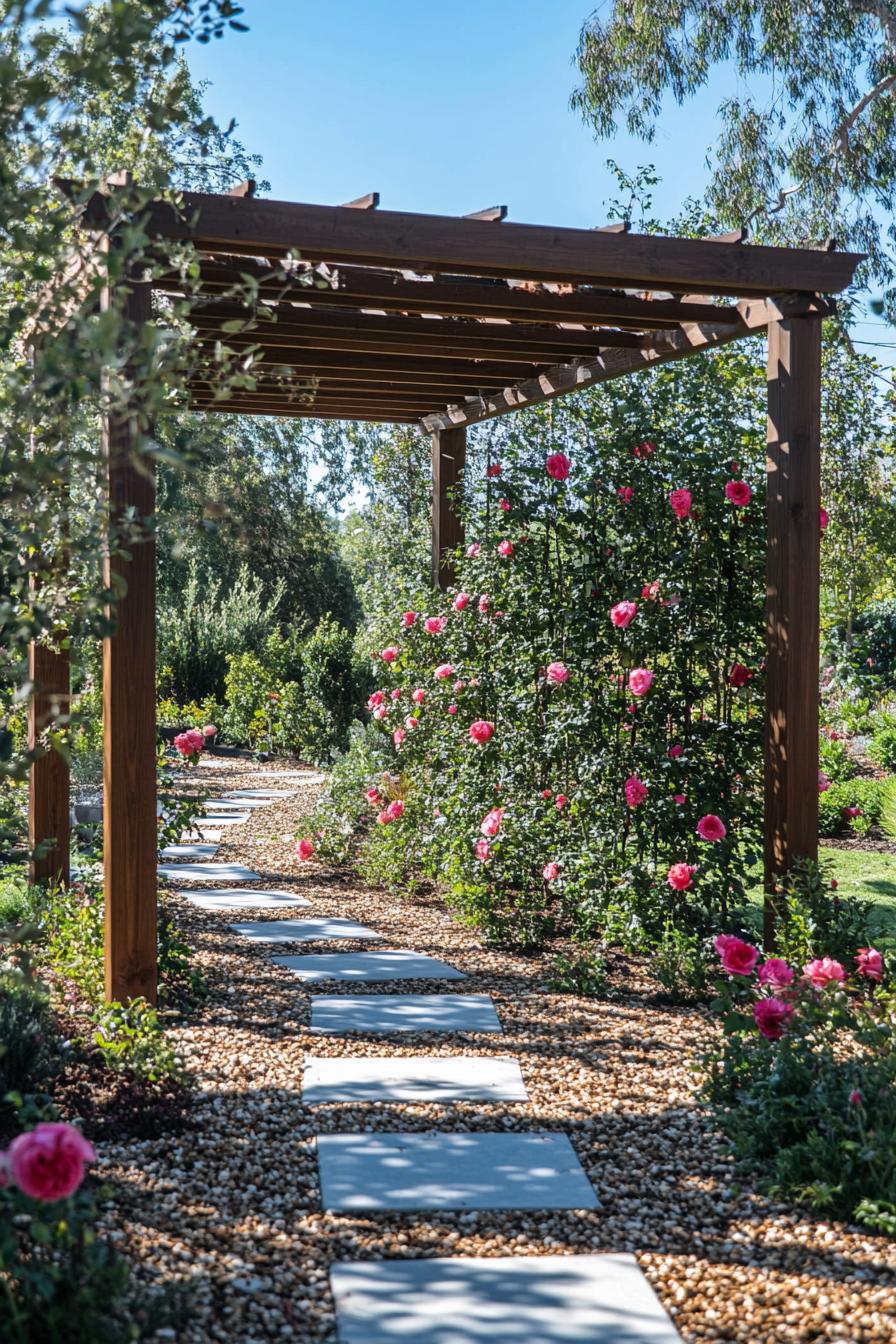 modern backyard wooden garden screen structure with climber vine roses mulch and paver paths 1