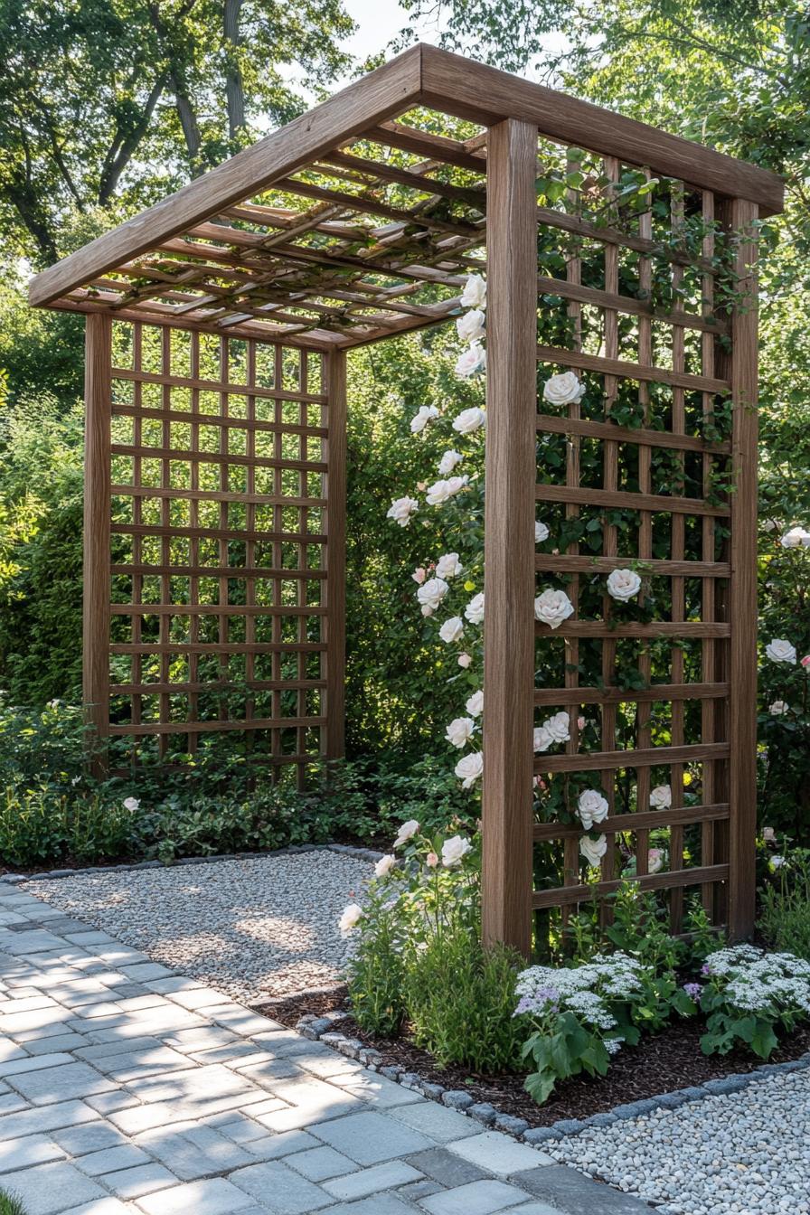 modern backyard wooden garden screen structure with climber vine roses mulch and paver paths