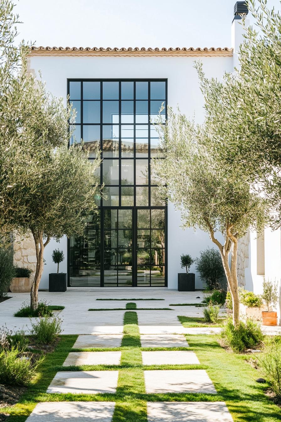 modern mediterranean inner courtyard with olive trees and patches of green grass modern windows and glass doors 1