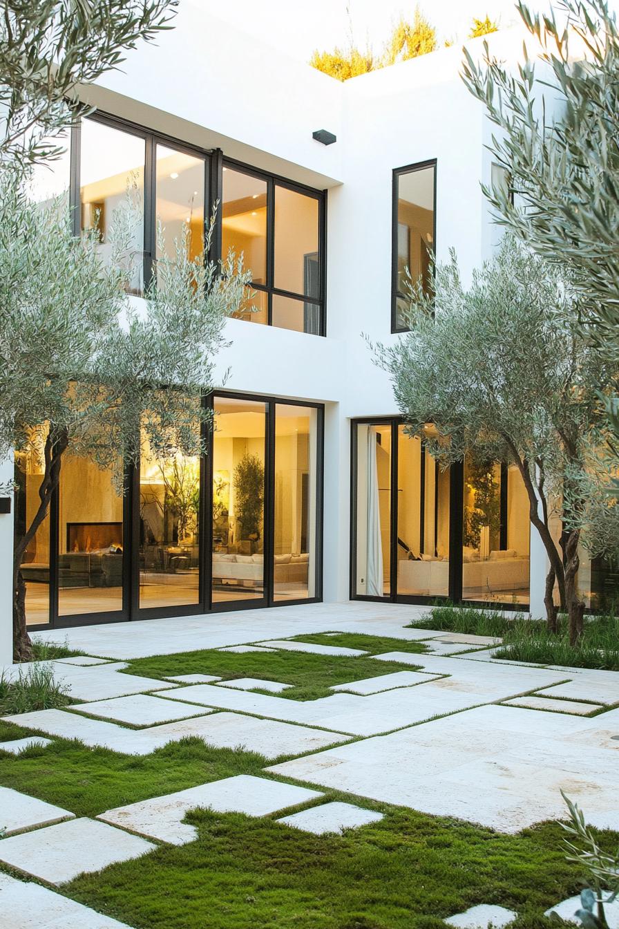 modern mediterranean inner courtyard with olive trees and patches of green grass modern windows and glass doors 2