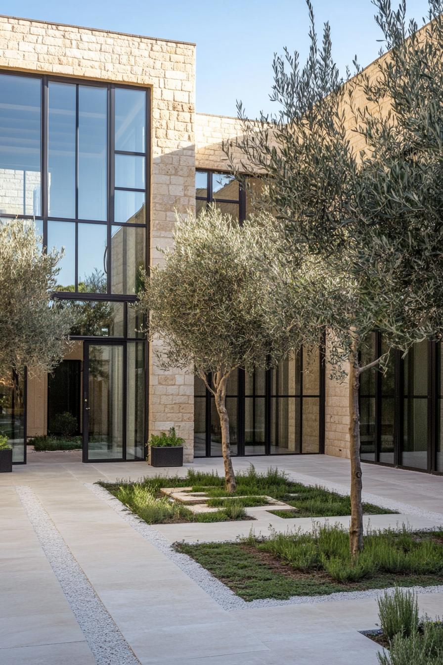 modern mediterranean inner courtyard with olive trees and patches of green grass modern windows and glass doors