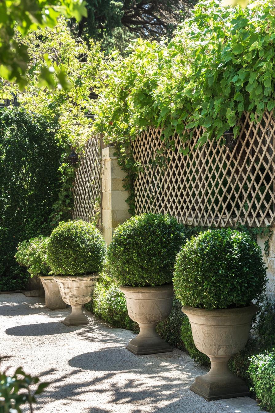 French garden with wall lattice with vines geometric shrubs vintage planters with geometric trimmed bush plants 1