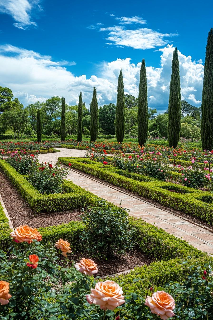 Italian garden with bordered flower beds with rose bushes geometric shrubs Italian cypress trees in the background