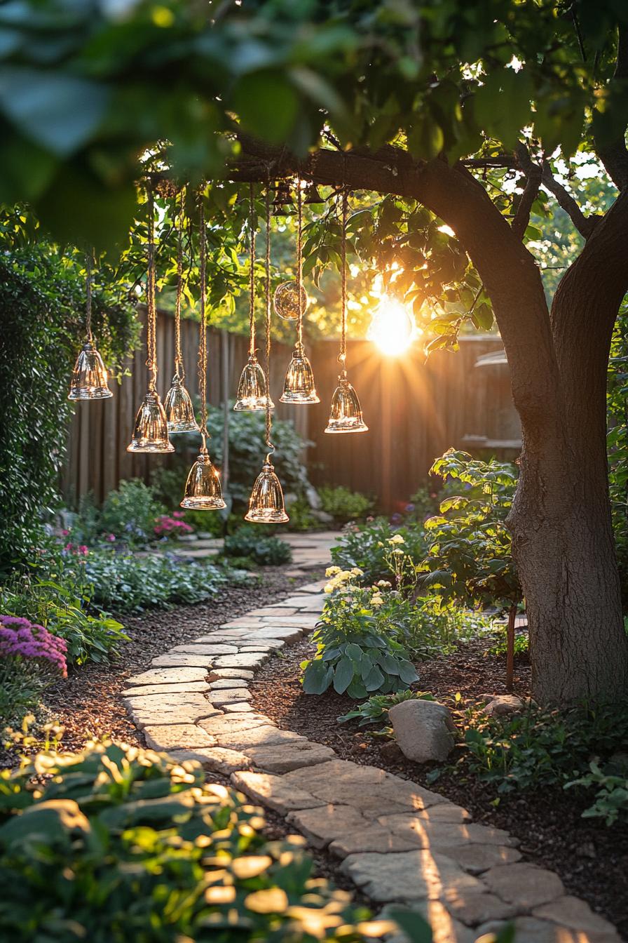 backyard garden with a center large tree and crystal bells hanging on its branch sunlight is reflecting on the bells playfully 1