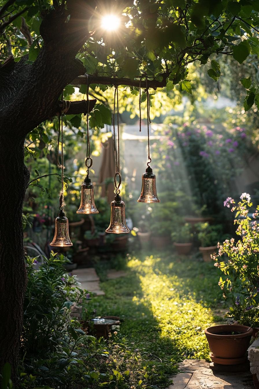 backyard garden with a center large tree and crystal bells hanging on its branch sunlight is reflecting on the bells playfully