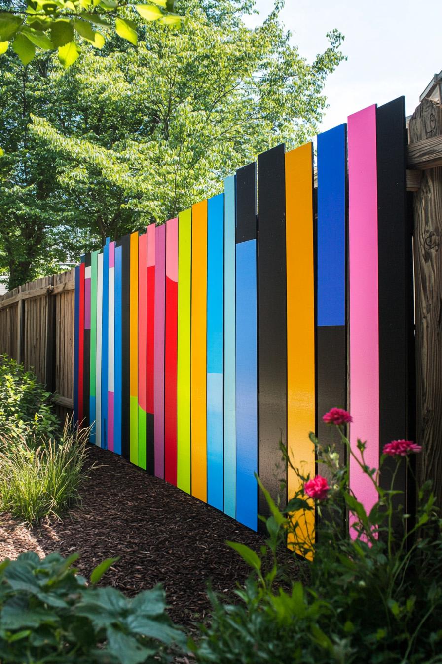 modern backyard wooden panel fence with fluorescent paint art 2