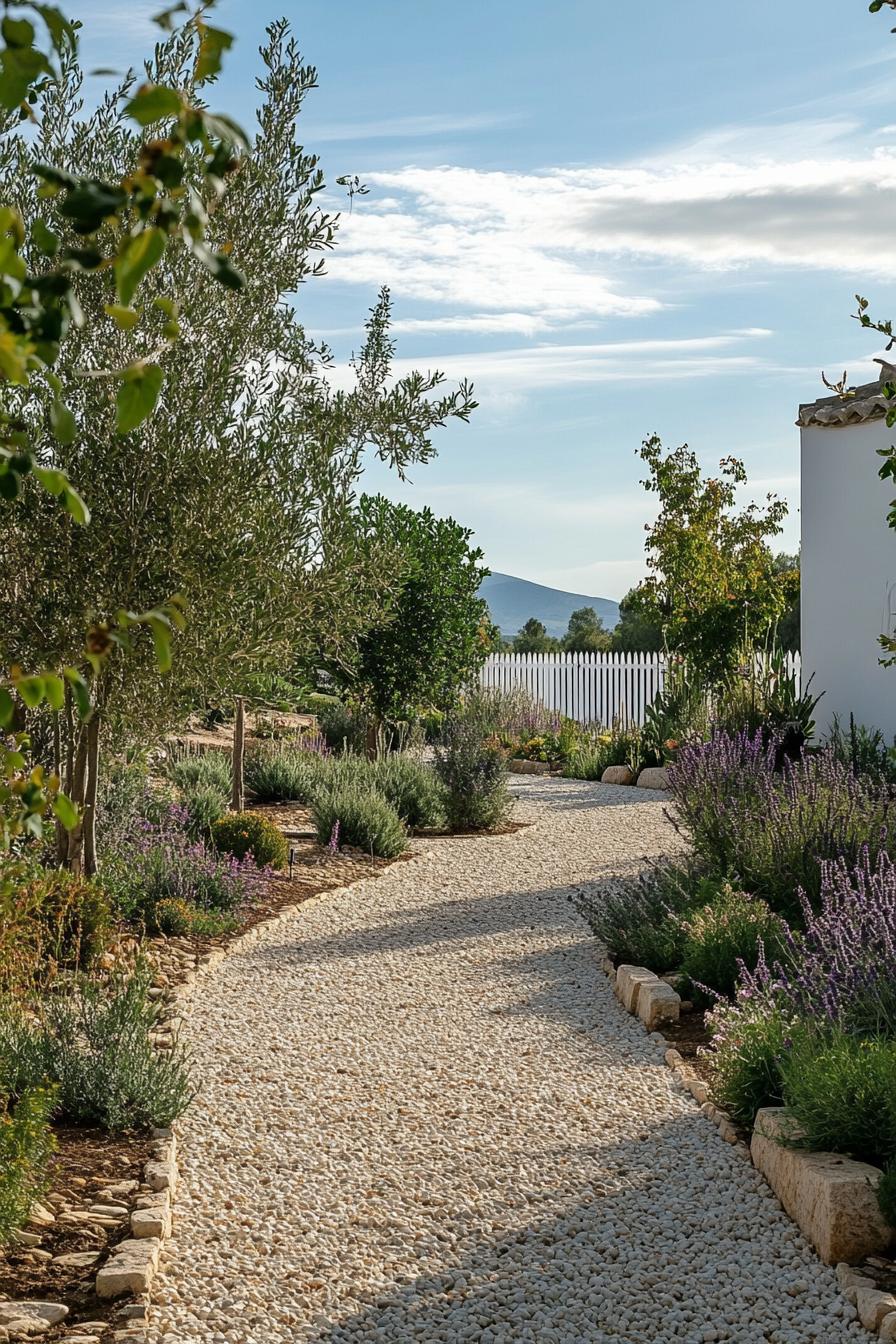 modern mediterranean gravel garden with native shrubs and trees high white fence 1