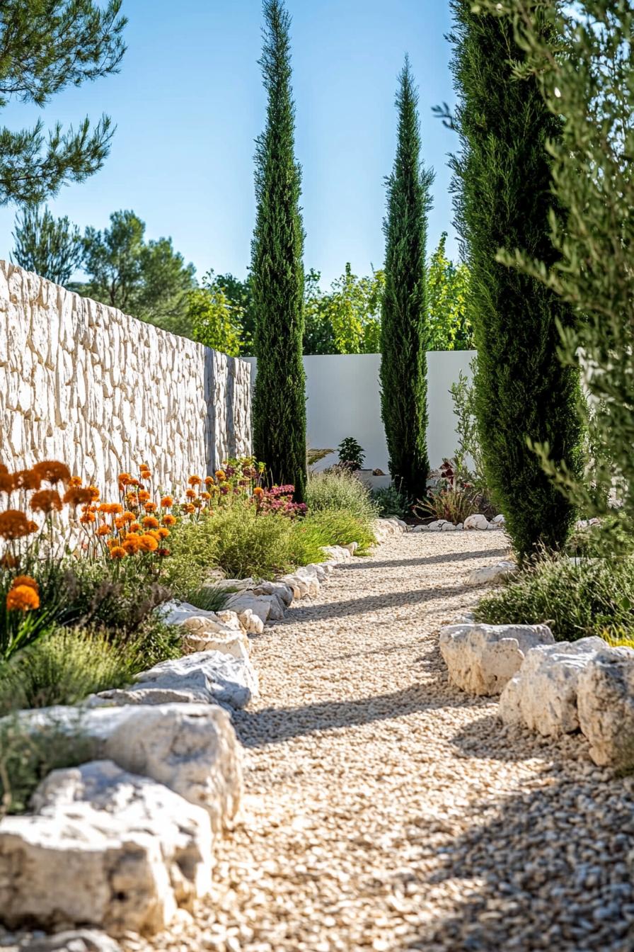 modern mediterranean gravel garden with native shrubs and trees high white fence 2