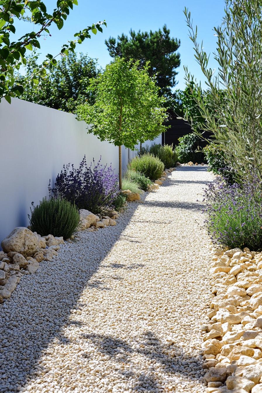 modern mediterranean gravel garden with native shrubs and trees high white fence 3