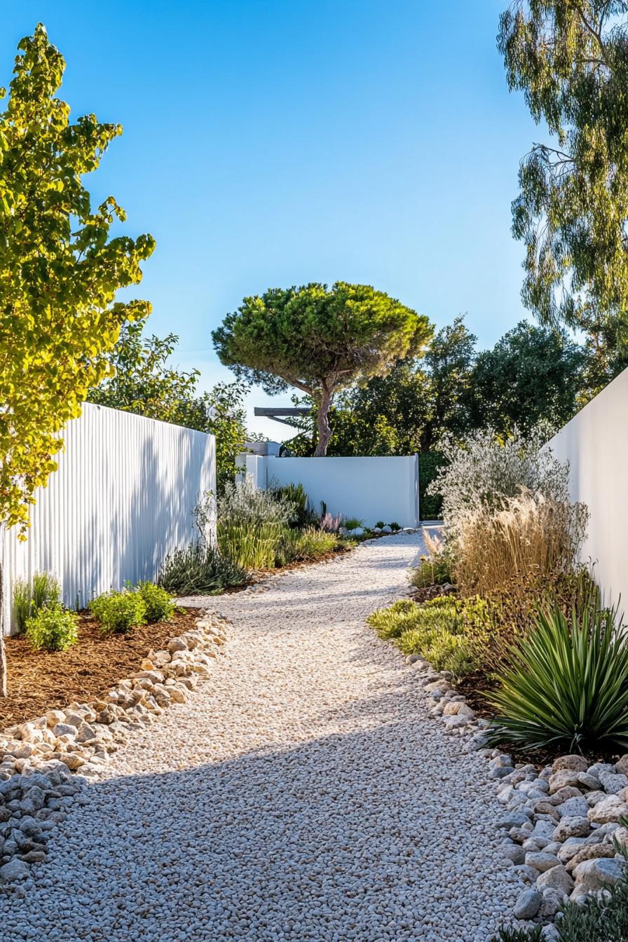 modern mediterranean gravel garden with native shrubs and trees high white fence