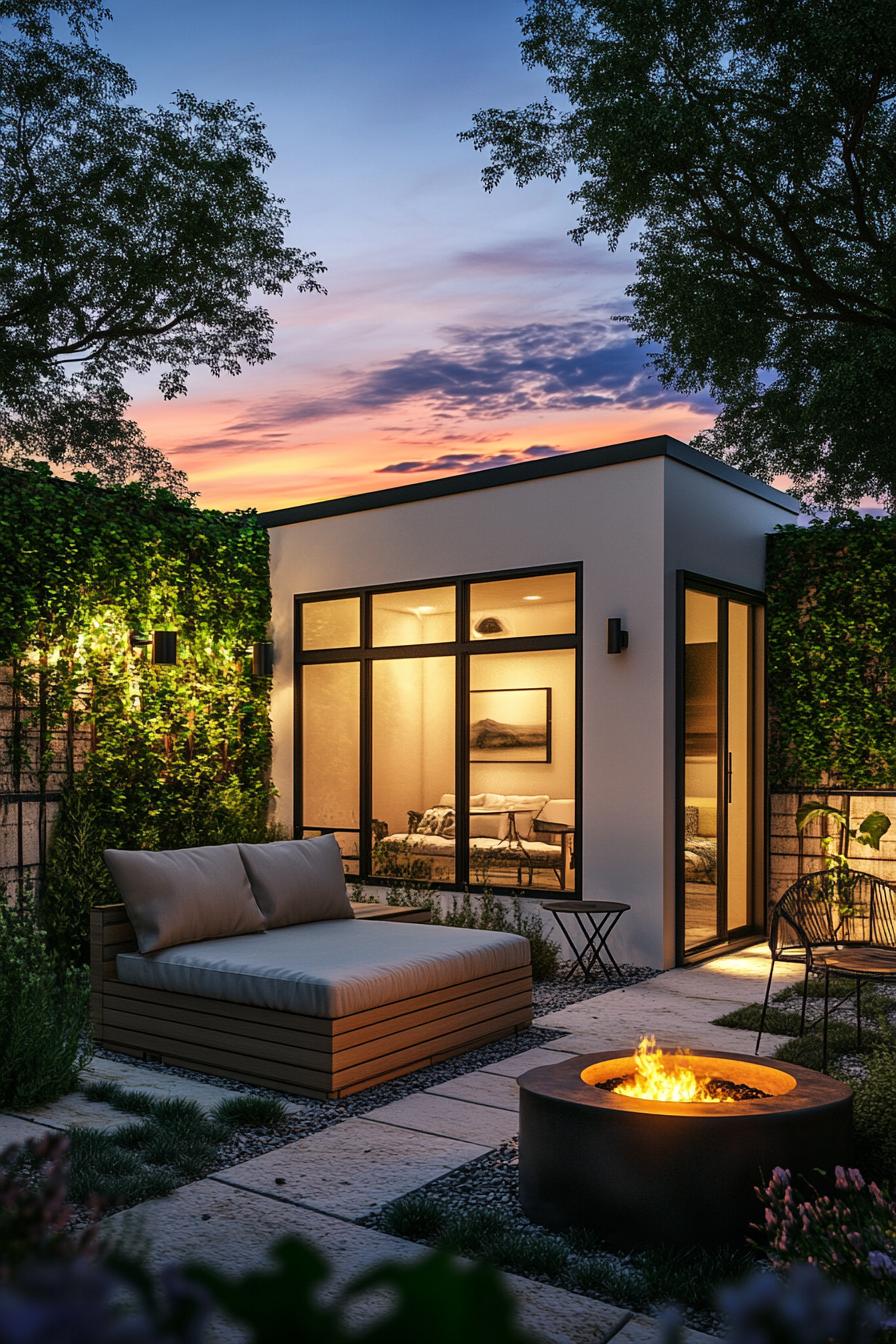 tiny modern house corner patio garden house with moldings and modern windows garden bench with cushions metal firepit small table paved patio 2