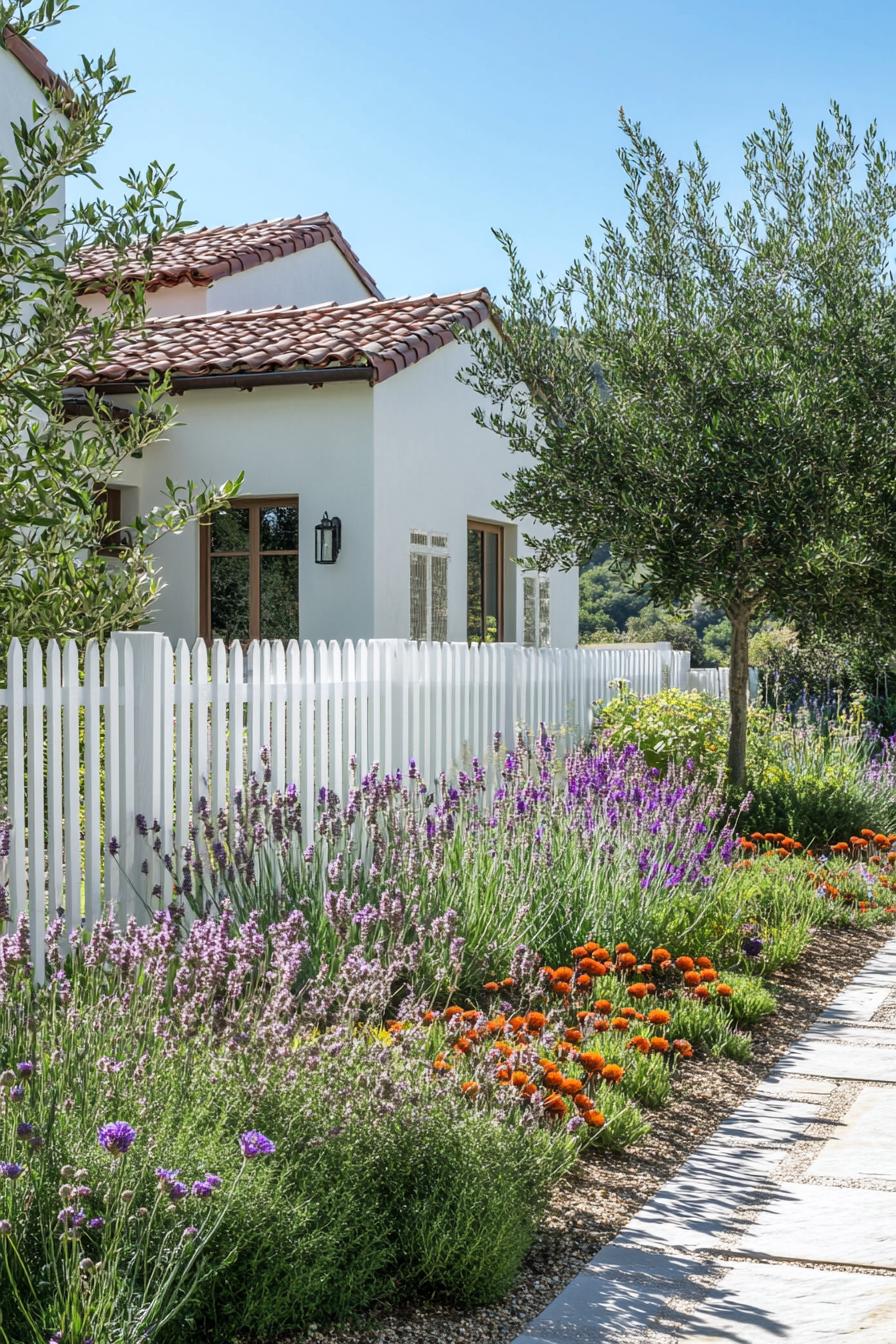 inner garden of a white French cottage house with geometric shrubs and native flowers picket fence