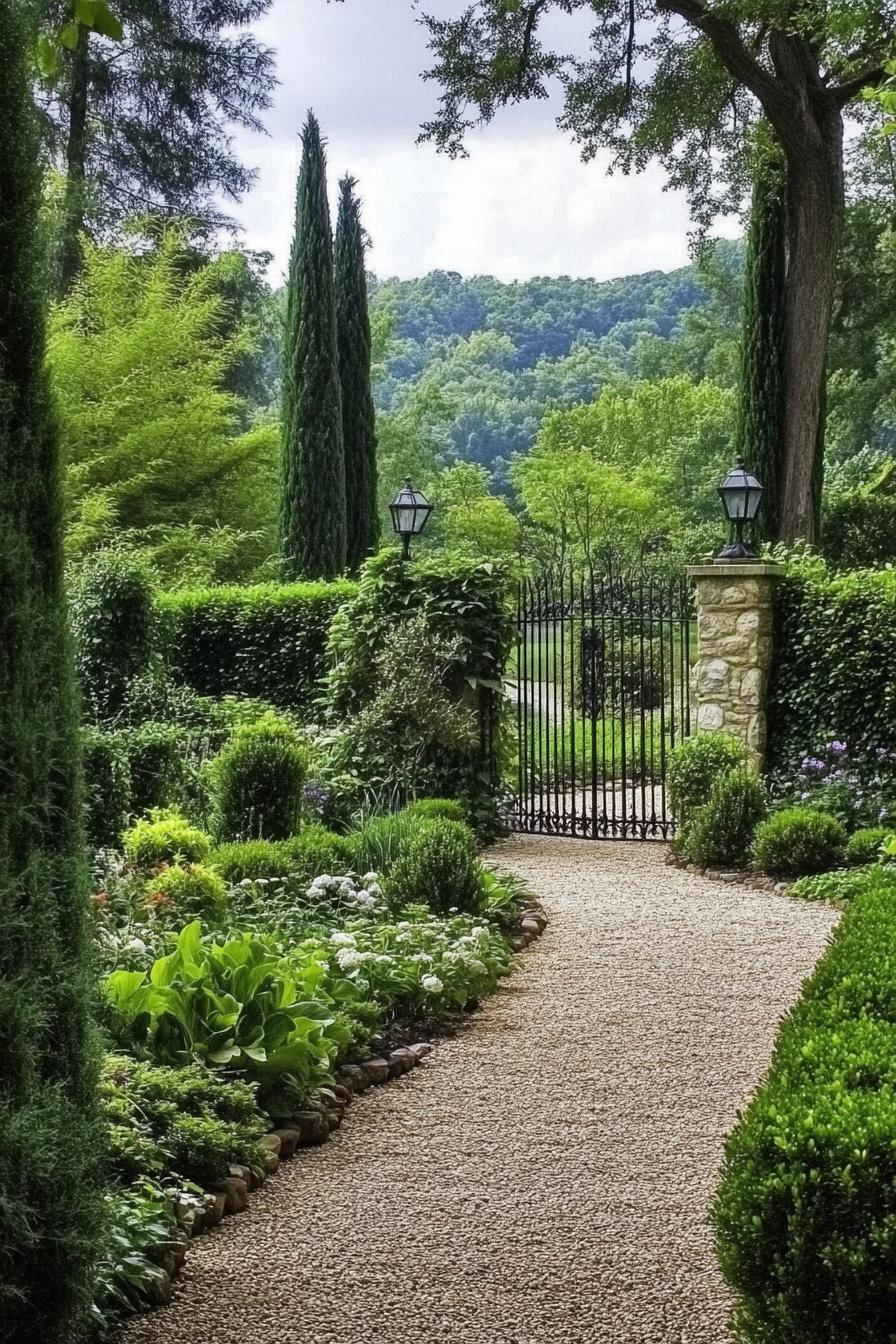 lush Italian garden with iron fence gravel path shrubs and arborvitae trees surrounding it 1