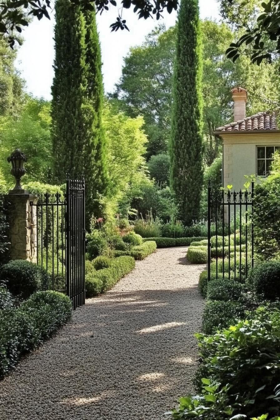 lush Italian garden with iron fence gravel path shrubs and arborvitae trees surrounding it 2