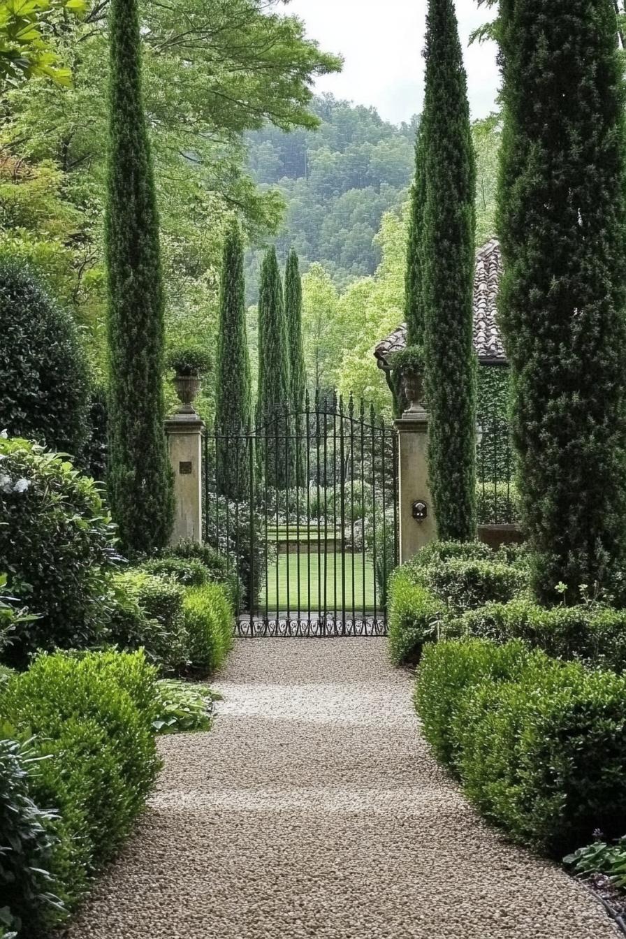 lush Italian garden with iron fence gravel path shrubs and arborvitae trees surrounding it