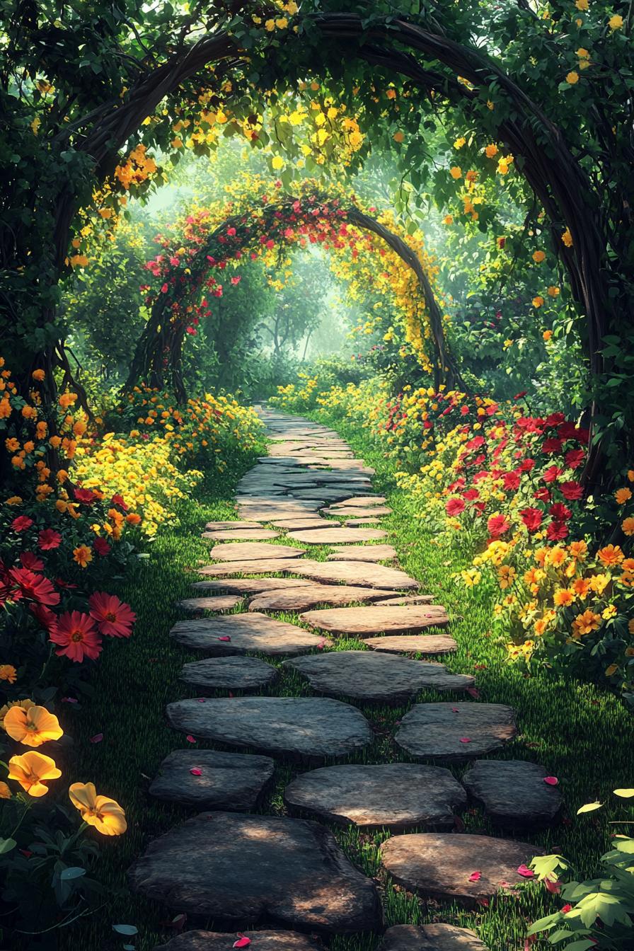 lush garden with arched pathway with blossoming yellow and red flowers and vines path with stepping stones 1