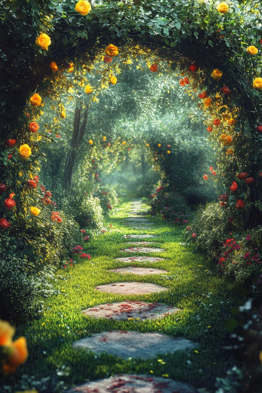 lush garden with arched pathway with blossoming yellow and red flowers and vines path with stepping stones 2