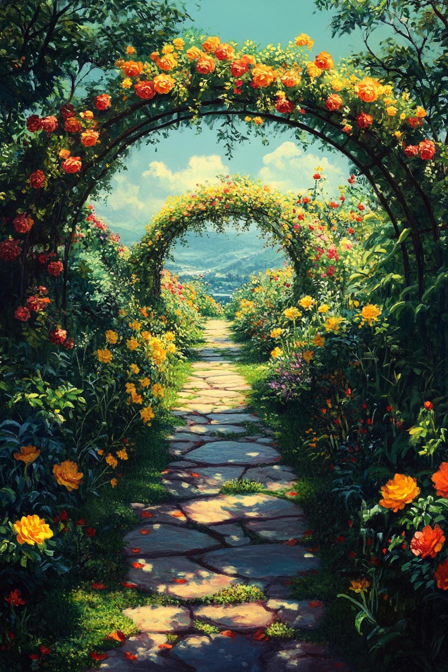 lush garden with arched pathway with blossoming yellow and red flowers and vines path with stepping stones 3