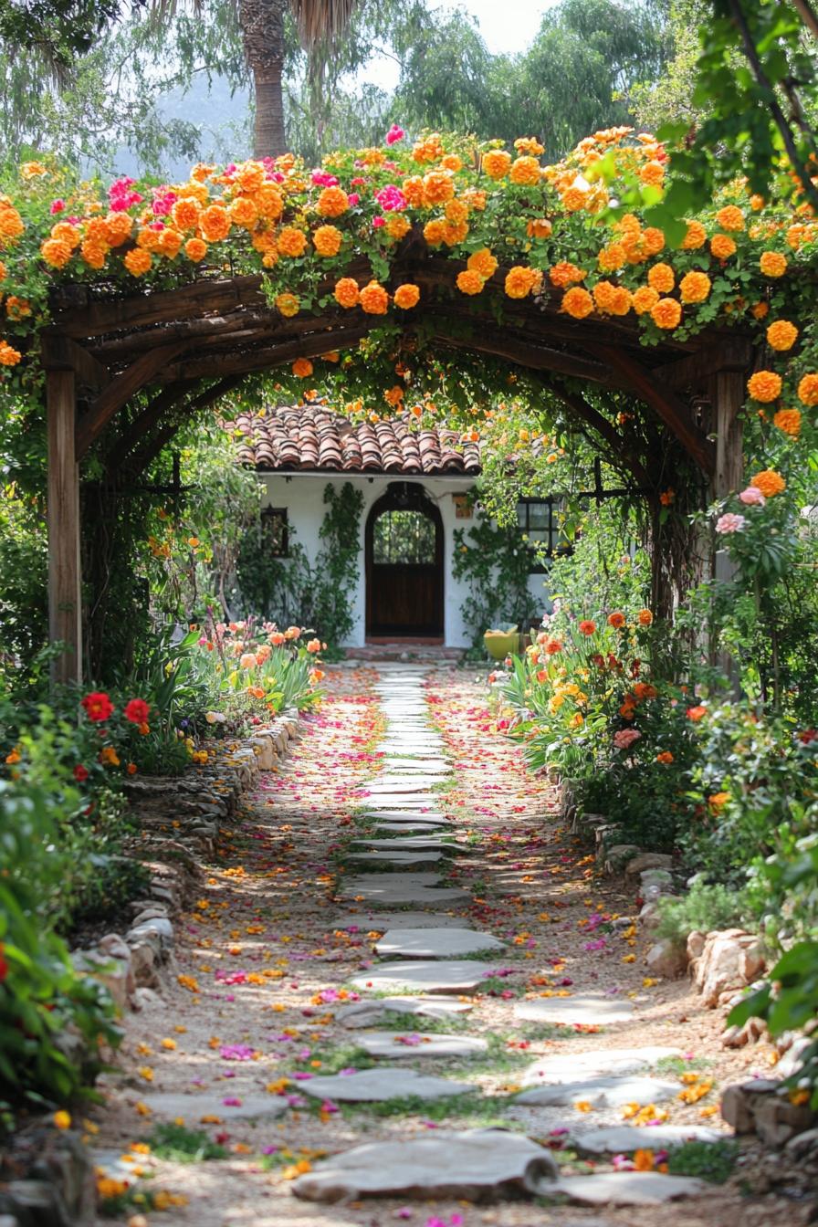 lush garden with arched pathway with blossoming yellow and red flowers and vines path with stepping stones