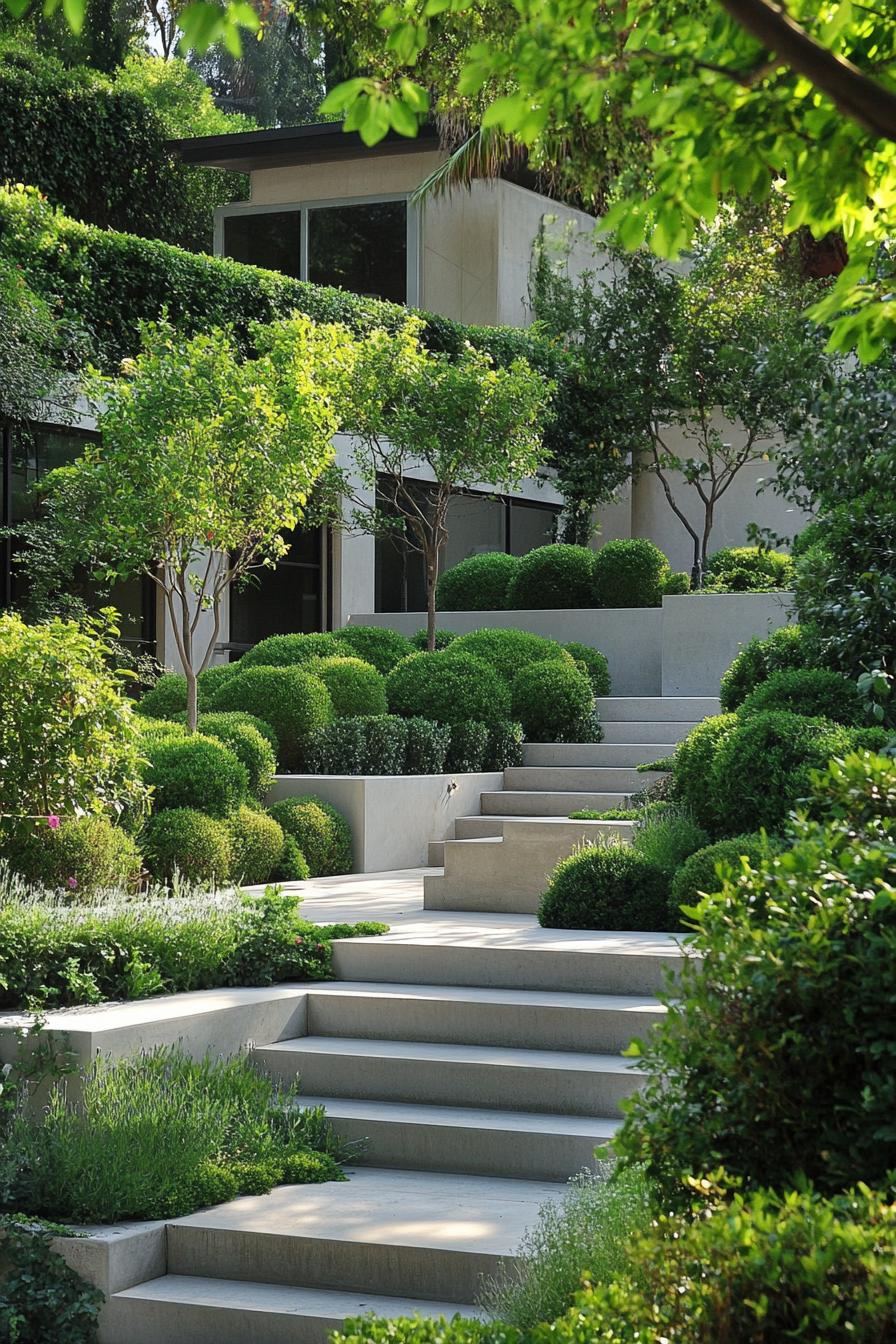 lush green mediterranean modern garden with native geometric shrubs and flowers concrete steps outdoor patio 1