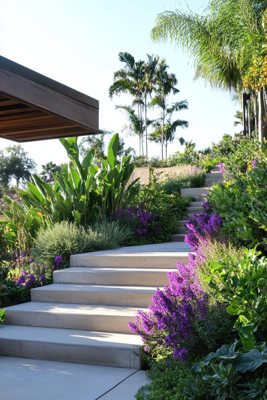 lush green mediterranean modern garden with native geometric shrubs and flowers concrete steps outdoor patio 2