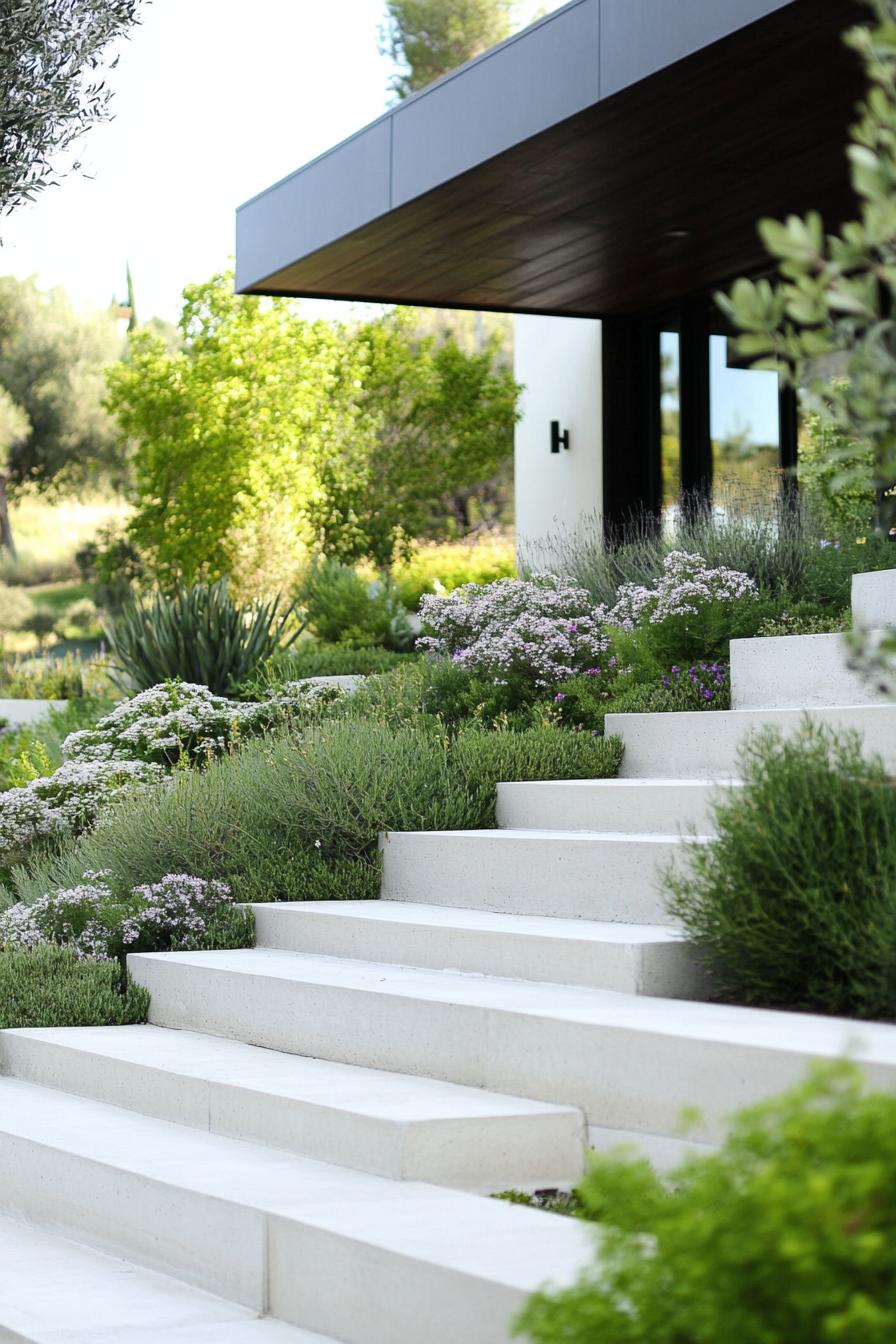 lush green mediterranean modern garden with native geometric shrubs and flowers concrete steps outdoor patio 3